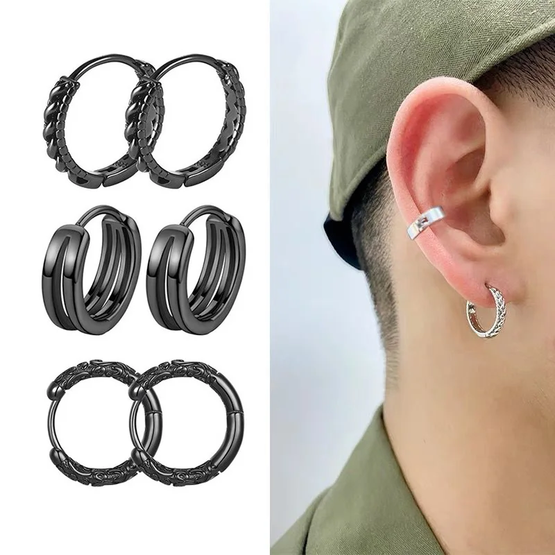 New Trend Black/Silver-color Ear Buckle Hoop Earrings For Men Women Geometric Twisted Dragon Totem Men's Earrings Gothic Jewelry