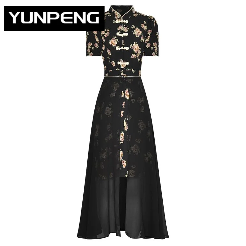 

Женское платье с коротким рукавом, модельное платье в китайском стиле с цветочным принтом и воротником-стойкой, лето 2023