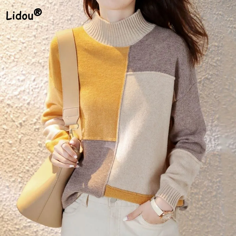 

Fashion Women's Clothing Half High Collar Patchwork Sweaters 2022 Autumn Winter New Loose All-match Long Sleeve Knitted Jumpers