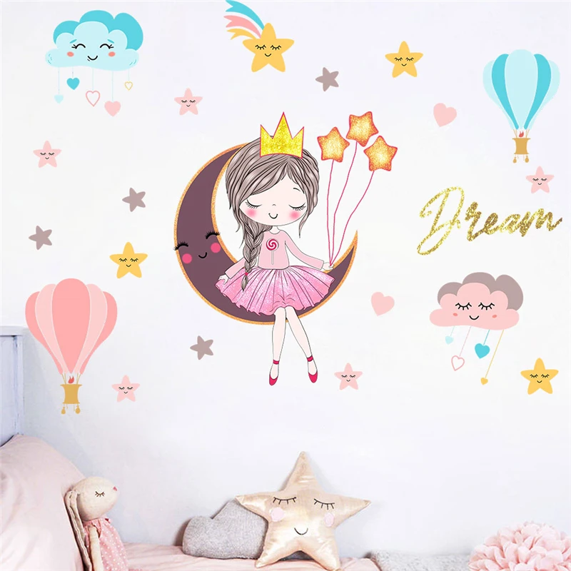

Мультяшная девушка со звездой луной облаком воздушным шаром Настенная Наклейка для детской спальни украшение животное роспись искусство Diy домашние наклейки ПВХ постер