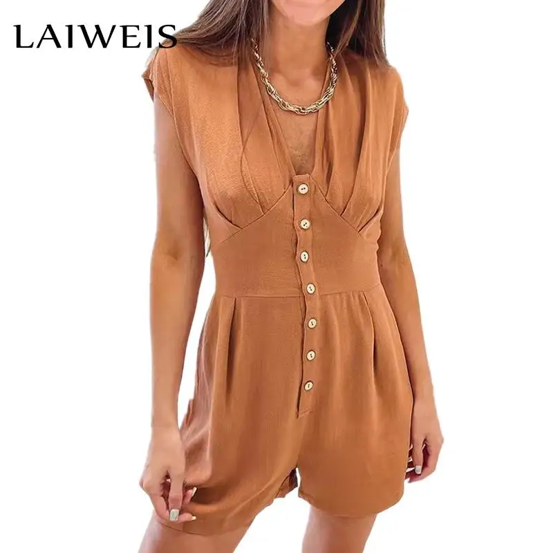 

2022 Sexy V-Neck Button Patchwork Short Jumpsuit Summer Short Sleeve Casual Loose Playsuit Overalls Women Elegant Pocket Rompers