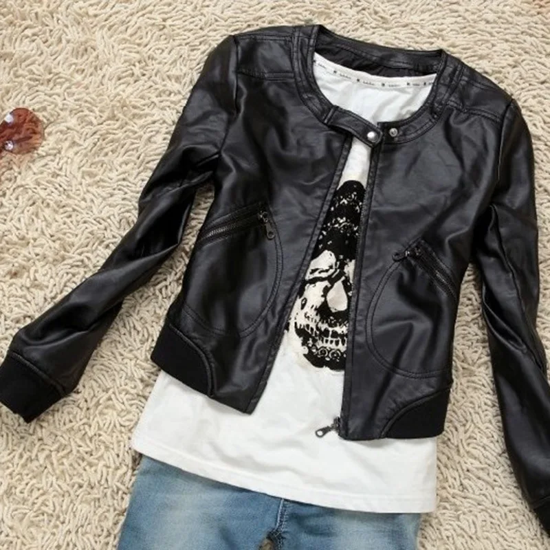 2023 spring and autumn clothes new women's jacket motorcycle round neck slim short leather coat small coat