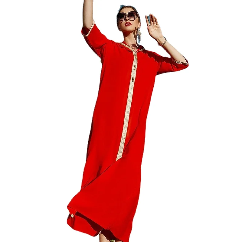 

Kaftan Moroccan Hoodies Caftan Braid Trim Muslim Abaya Djellaba Gandoura for Women Islam Saudi Arabic Long Dress Ramadan Robe