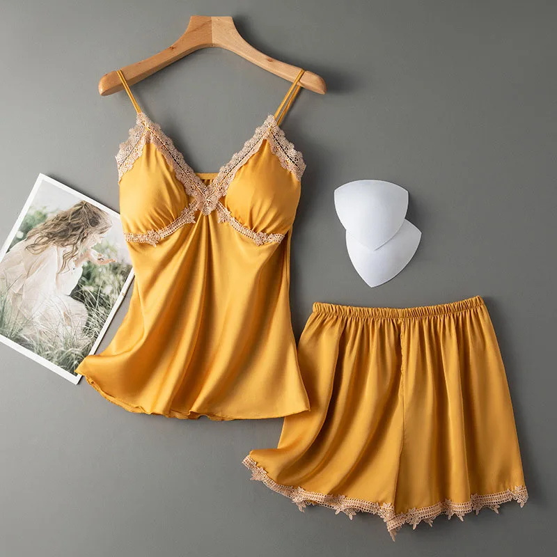 

Women's Sleepwear 2 Pcs Satin Silk Sleepwear Sling Top and Shorts Pajamas Set