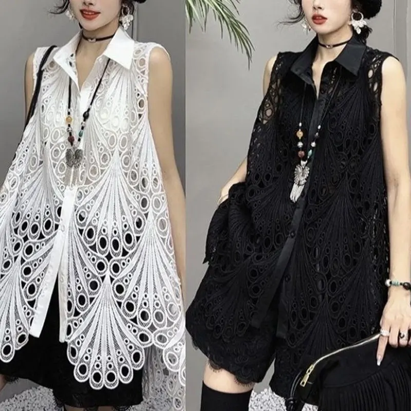 Женская блузка с отложным воротником свободная однобортная рубашка без рукавов