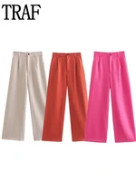traf rose wide leg pants for women red high waisted woman trousers korean fashion baggy pants women vintage casual woman pants