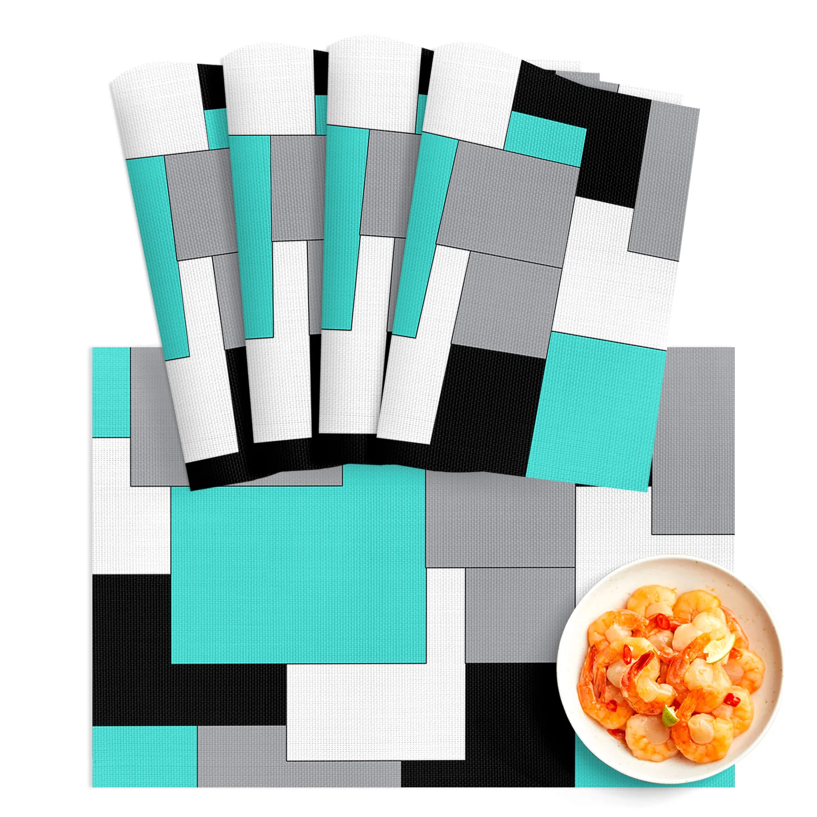 

4/6Pcs PVC Placemats Aqua Turquoise Black Grey Patchwork Abstract Art Dining Disc Pads Bowl Coasters Plate Kitchen Table Mats