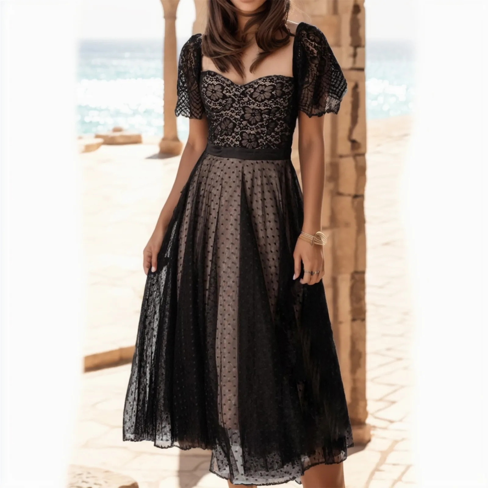 

Женское вечернее платье из тюля, элегантное однотонное Тюлевое платье до щиколотки с коротким рукавом и квадратным вырезом, с открытой спиной, для выпускного вечера, 2023
