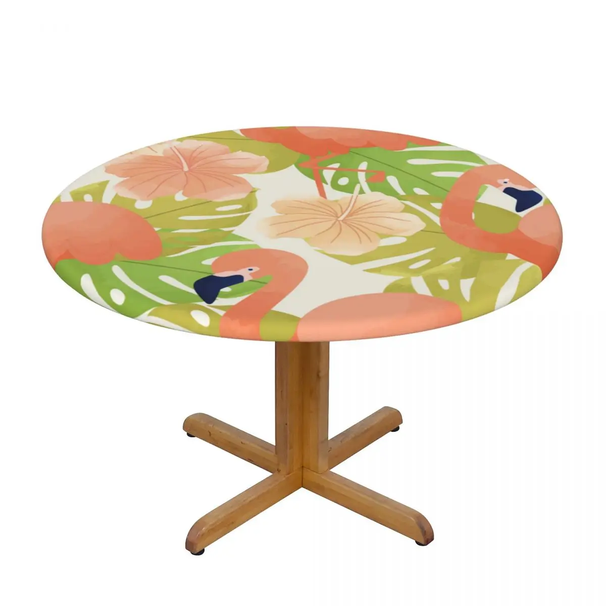 

Round Table Cover Cloth Protector Polyester Tablecloth Flamingos Tropical Leaves Fitted Table Cover with Elastic Edged