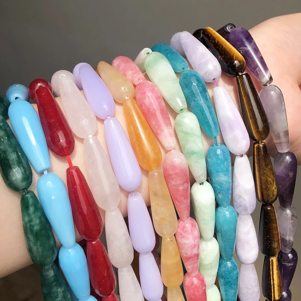 

10x30mm Natural Faceted Colorful Chalcedony Jades Stone Water Drop Loose Spacer Beads For Jewelry Making Diy Bracelet Accessorie