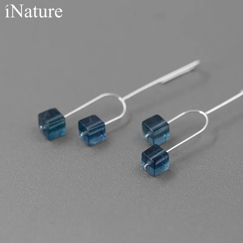 

INATURE 925 Sterling Silver Natural Fluorite Stone Drop Earrings for Women Fashion Geometric Jewelry Accessories