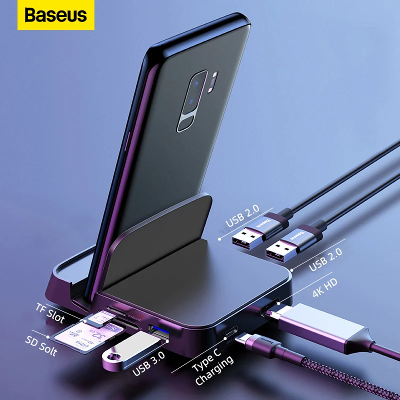 

Baseus USB C HUB Phone Holder 7 in 1 Type C Docking Station for Huawei P40 Mate 30 Samsung S20 S9 HDMI-compatible USB 3.0 HUB