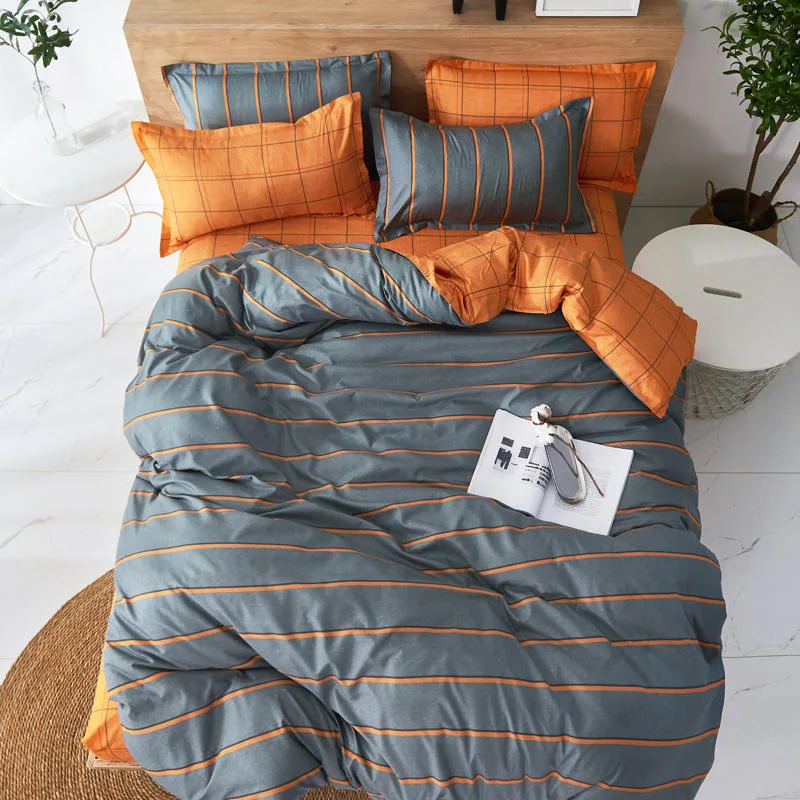 

Duvet Cover Set 3/4 Pieces Orange And Gray Stripes Bedclothes Include Bed Sheet Pillowcase Comforter Cover For Kid And Adult