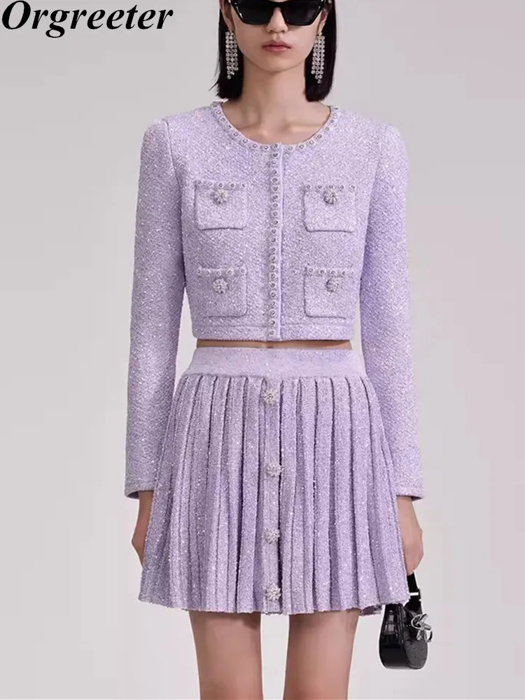 

Женский элегантный комплект из 2 предметов, элегантный Укороченный кардиган с бисером, трикотажный топ и плиссированная мини-юбка, костюм для осени