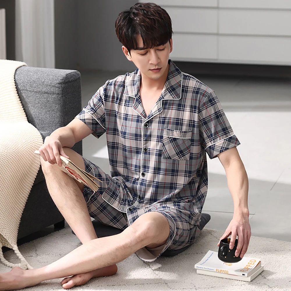 4XL Summer Cotton Solid Sleepwear Man Pajama Sets Trendyol Plaid Pants Sleep Tops Modal Breathable Silkly Pijama pyjama homme