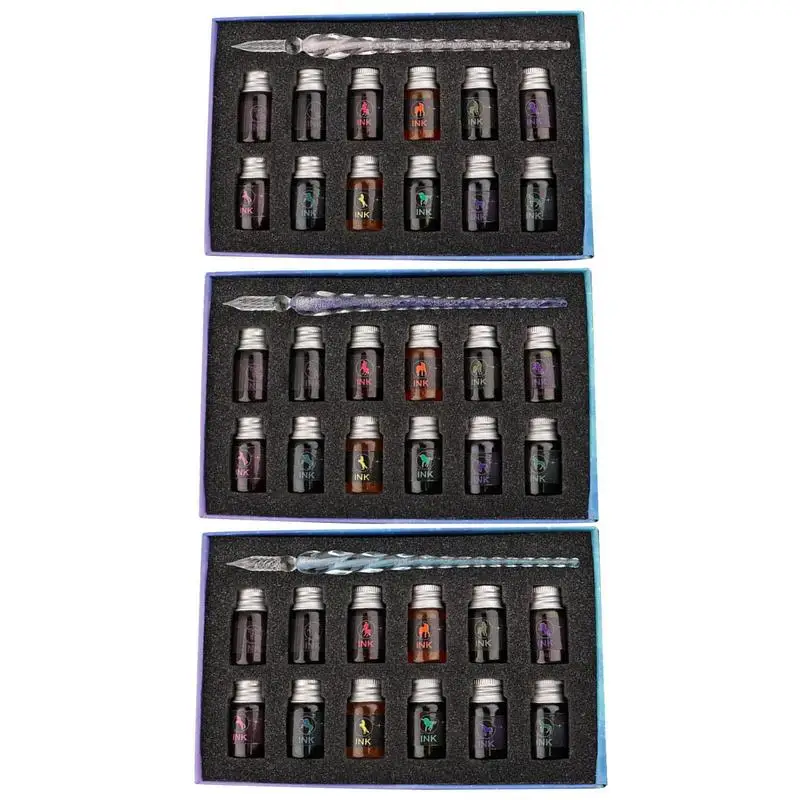 

Starry Sky Crystal Glass Pens Calligraphy Dip Pen With 12 Colors Inks Glitter Powder Fountain Pens Colors Ink Gift Box Writing