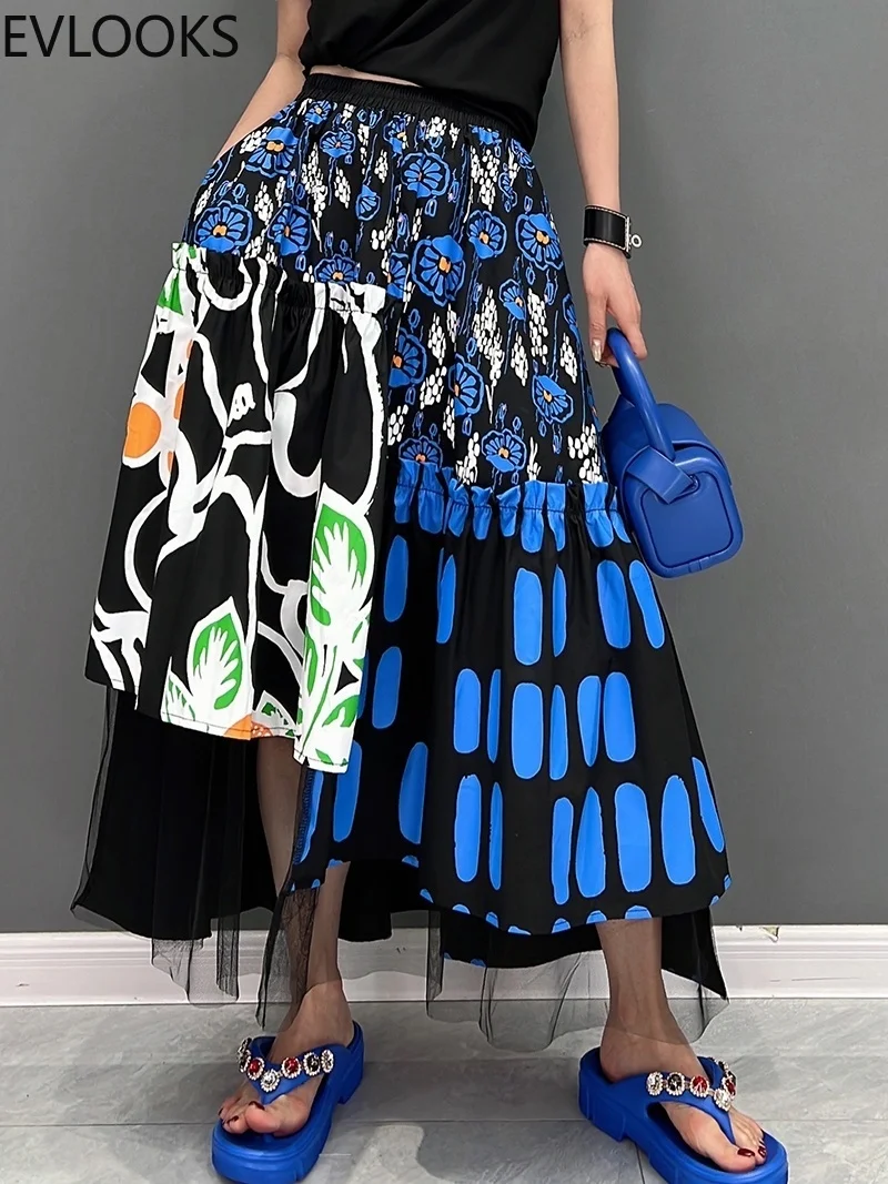 

2022 Summer New Fashion Retro Fishtail Skirt High Waist Casual Printing Mesh Splicing Large Swing Women's Wear Pleaded Skirts