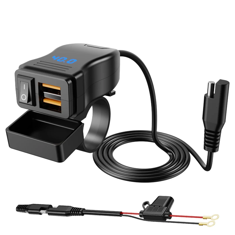 Двойное зарядное устройство USB QC3.0 мощностью 60 Вт для мотоцикла, USB-разъем для руля с переключателем, вольтметр, водонепроницаемый адаптер питания 12-40 В (art.: 3920dc33f9e69) - 3920dc33f9e69