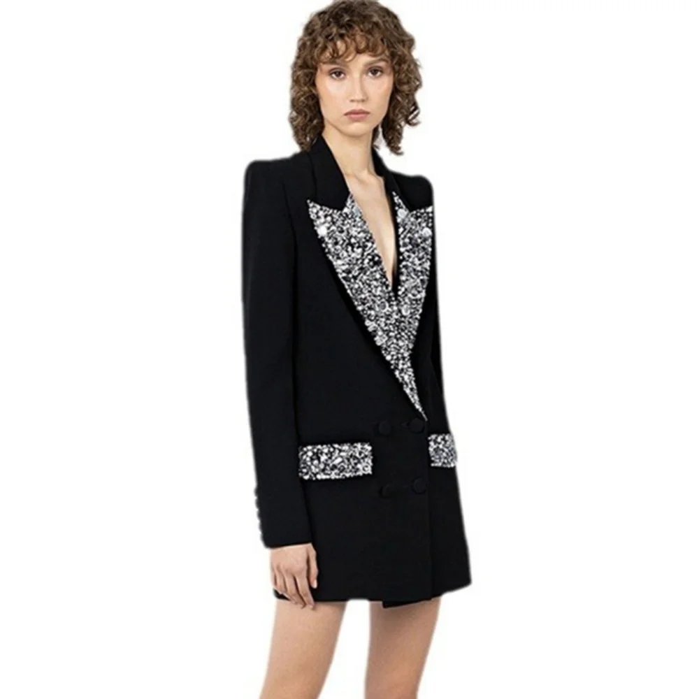 Блестящий женский блестящий костюм модное пальто с кристаллами длинными