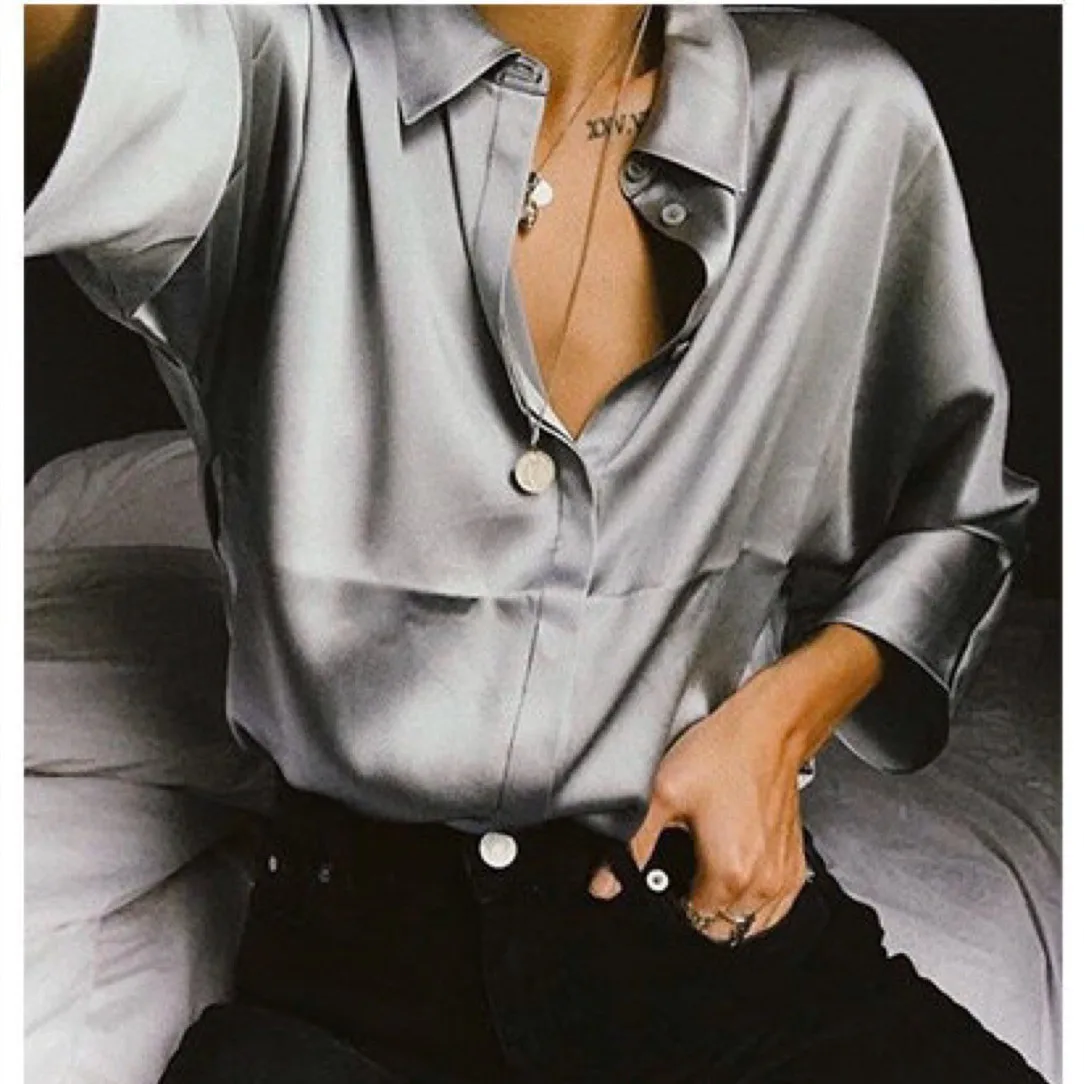 Женская Однотонная рубашка с длинным рукавом, роскошная шелковая атласная рубашка Huazhong, шелковая Простая рубашка с длинным рукавом