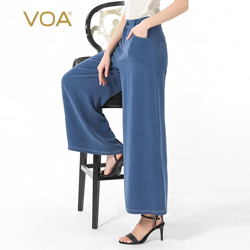 

VOA Silk 30m/m Blue Trousers Fashion Street Women Pants KE3 Bright Line Decoration Loose Nine-Point Wide-leg Pant Spring 2021