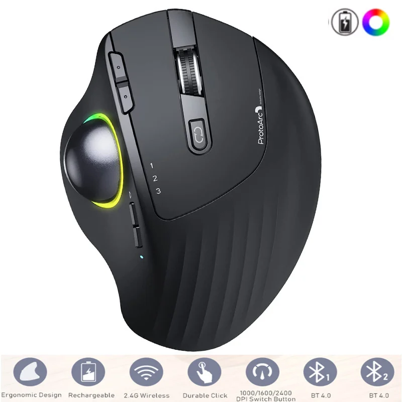 

missgoal RGB Bluetooth Trackball Mouse Wireless Bluetooth +2.4G Rechargeable Gaming Mouse Ergonomic MiceThumb Control Mouse
