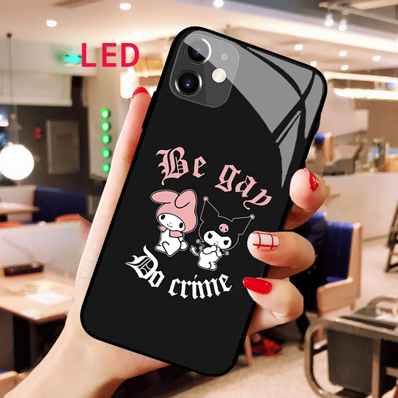 

KUROMI Luminous Tempered Glass phone case For Apple iphone 13 14 Pro Max Puls mini Luxury Fashion RGB LED Backlight new cover