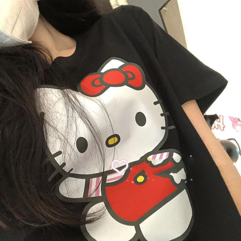 

Хлопковая футболка Sanrios Hello Kittys с коротким рукавом, с милыми рисунками из аниме, средней длины, свободная Студенческая куртка