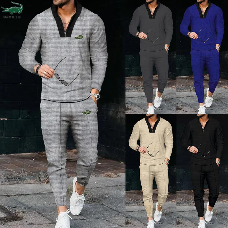 

Cartelo Embroidery Men's Wastee Geje Long -sleeved Stitching Clear Set Fashion Casual Half Pulling Zipper Leisure Sports Set Men