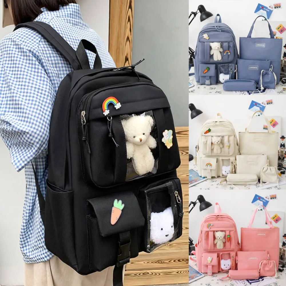 

5 Pcs/Set Shoulder Bag Teenagers Casual Lightweight Canvas Backpacks Men Women Large Capacity Travel Backpacks