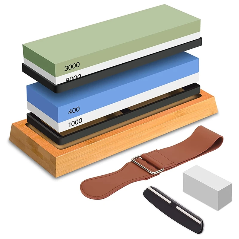 

Набор точильных камней для ножей, стандартная точилка для ножей, точильные камни-зернистость 400/1000 3000/8000 с бамбуковой основой