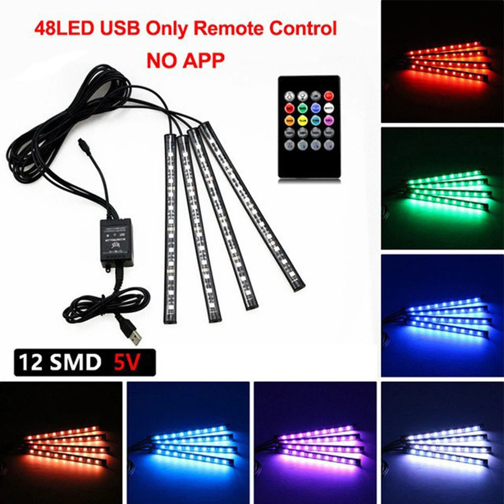 

4pcs 12V 5050SMD LED Car SUV Interior RGB Atmosphere Decorative Light Neon Lamp Strip High Quality RGB LED Light Bar Universal