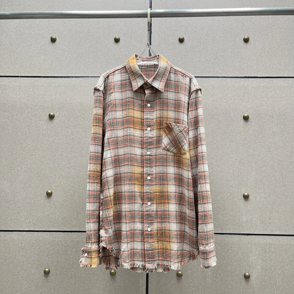 Женская клетчатая хлопковая рубашка с необработанным краем бахромой свободная