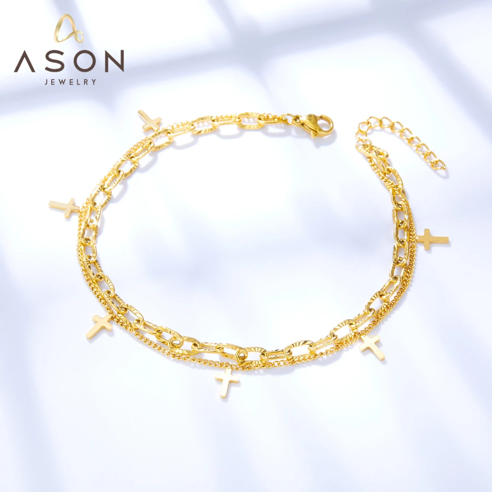 

ASONSTEEL Gold Color Stainless Steel Cross Accessories Multi-layer Link Chains Fashion Anklet For Women Daily Party Gift Jewelry