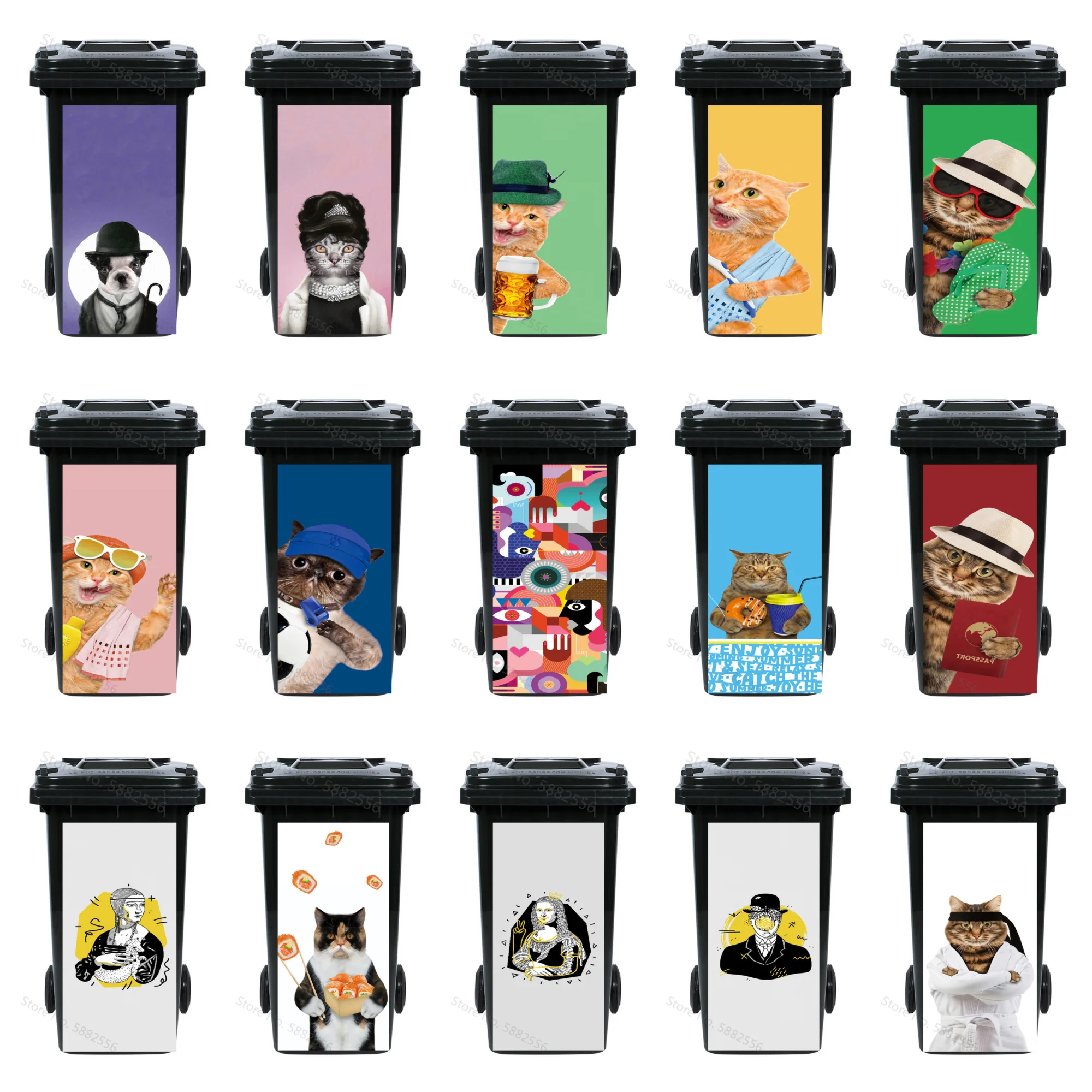 

Funny Animals Dog Cat Outdoor Trash Sticker Kitchen Removable Waterproof Art Wheelie Bin Stickers Restaurant Can 120/240 Liter
