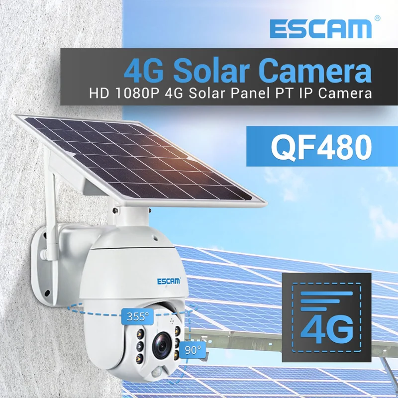 

ESCAM QF480 1080P Cloud Storage PTZ 4G Battery PIR Alarm IP Camera With Solar Panel Night Vision IP66 Waterproof Two Way Audio