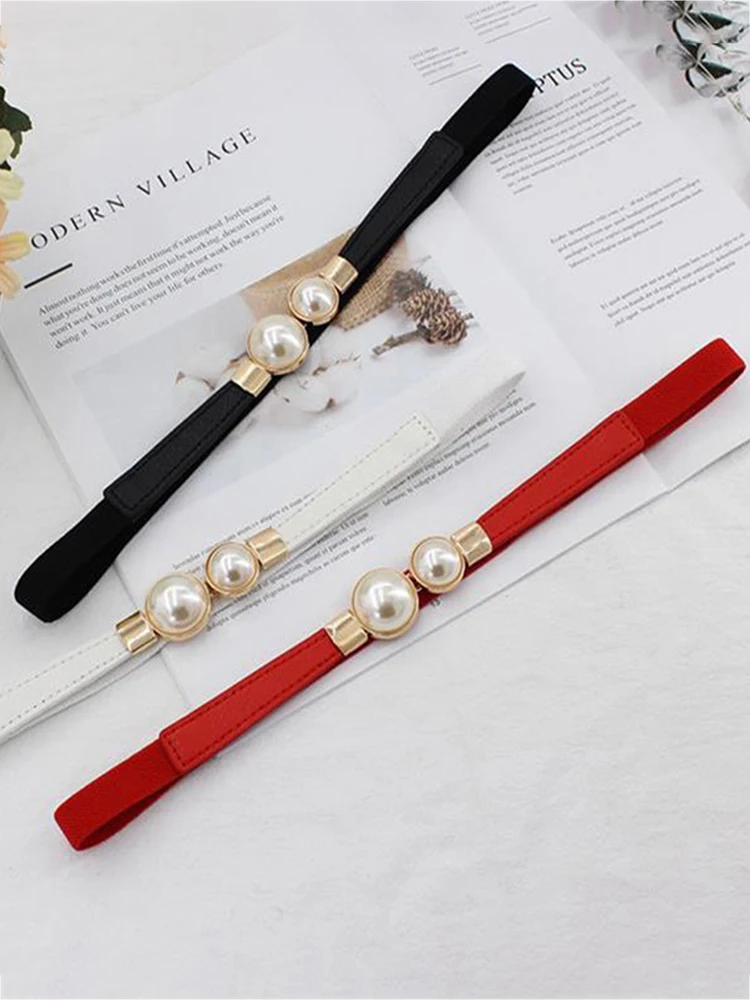 

Pearl Buckle Belt PU Leather Dress Skirt Waist Elastic Women Belts Accessories