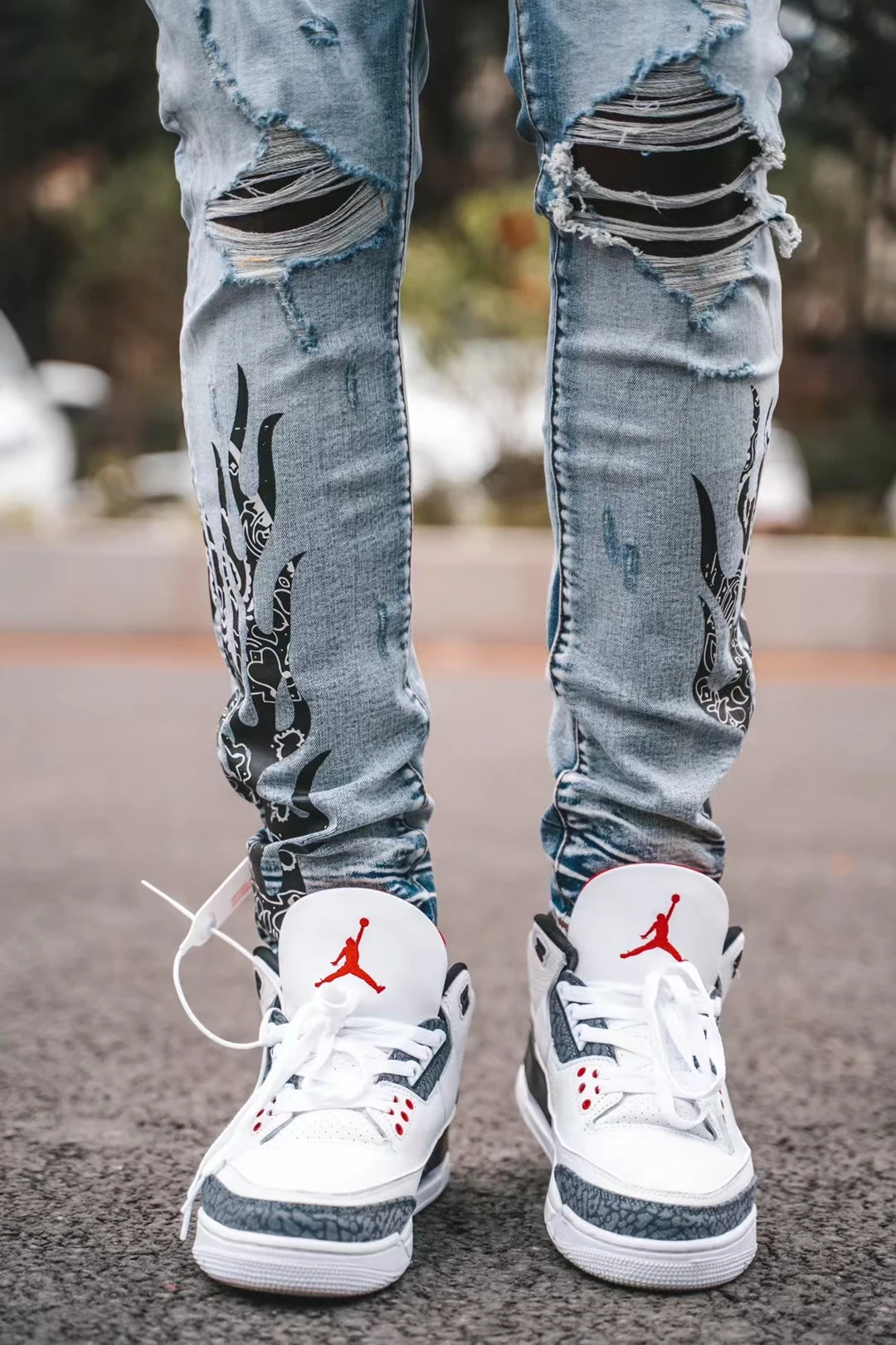 Мужские рваные джинсы AM синие узкие брюки с принтом в виде пламени дырками и