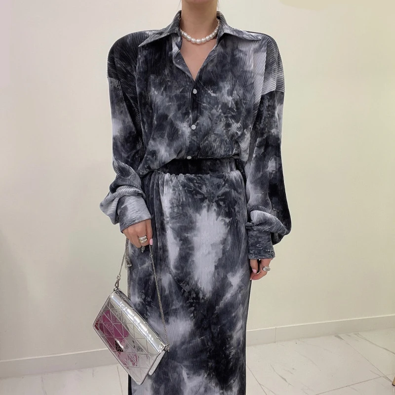 

Платье ZCSMLL женское из двух предметов, шикарная Весенняя плиссированная рубашка с отложным воротником и рукавами-фонариками + юбка с завышен...