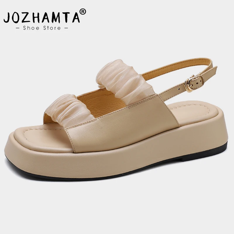 

JOZHAMTA Size 34-39 Wedges Sandals For Women Summer Medium Heels Shoes Woman 2023 Real Leather Open Toe Casual Platform Sandals