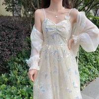 2022 new y2k women fairy long sundress suspenders v neck sequined butterfly fairy sleeveless dress elegant sweet mesh midi dress