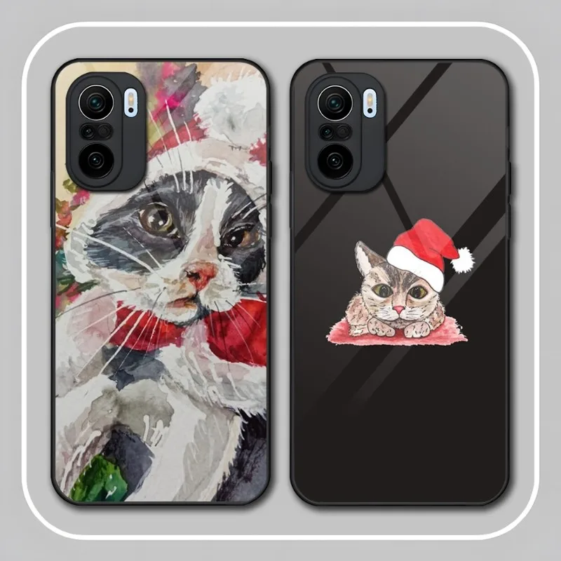 

Christmas Cat Phone Case Tempered Glass For Redmi K40 K20 K30 K50 Proplus 9 9A 9T Note10 11 T S Pro Poco F2 X3 NFC Cover