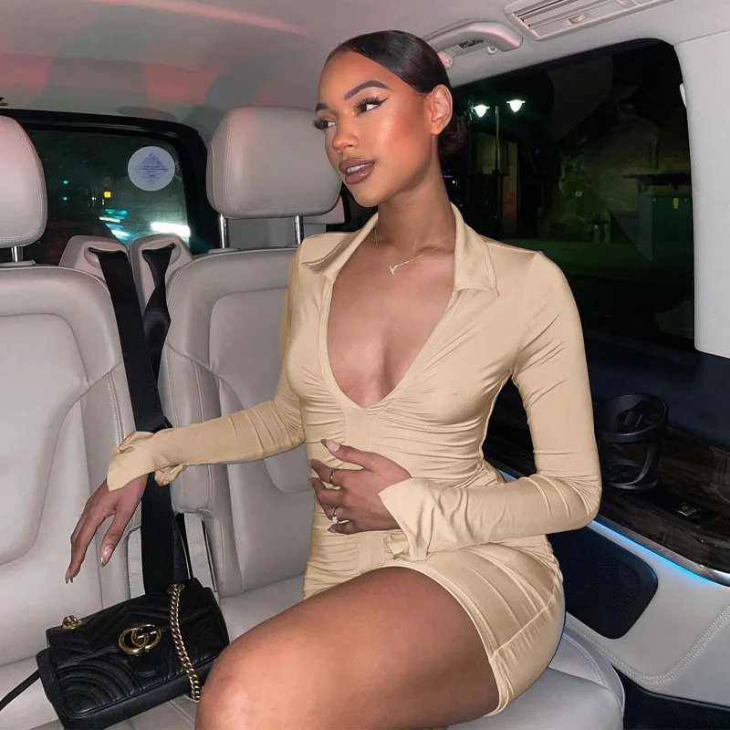 Ruched Turn Down V Collar Long Sleeves Spring Fall Dress For Women Solid Skinny Dresses Sexy Clubwe Party Outfit