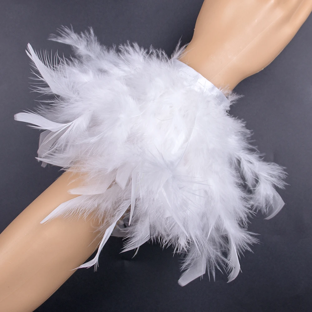 

White Turkey Feather Cuff Wrist Sleeve Women Real Fur Turkey Feather Cuffs Feather Cuff Snap Bracelet Clap Wristband Elegant