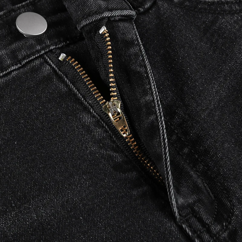 Metal Chain Streetwear Straight Leg Jeans Pants for Women Ladies Casual Black Loose Fit Denim Trousers Fashion Button Split