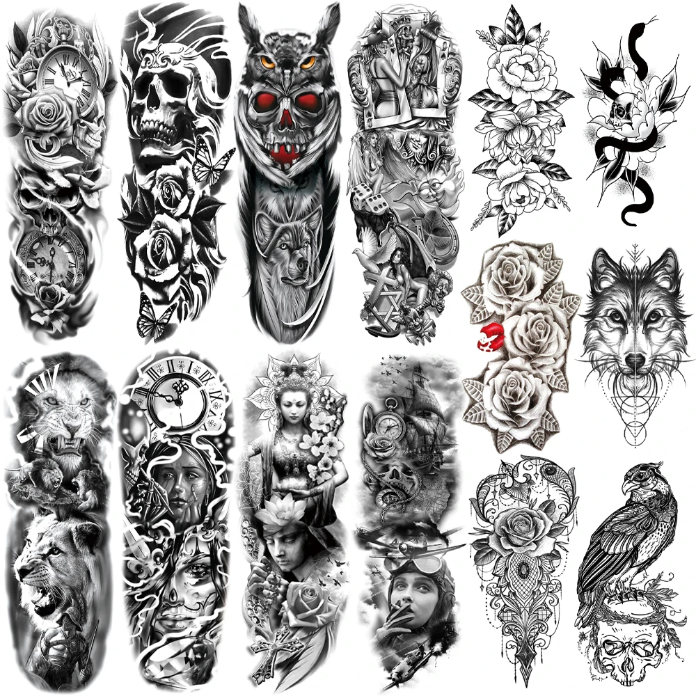 

Full Arm Temporary Tattoos Sleeve For Men Women Realistic Fake Tatoos Warrior Lion Tiger Flower Tatoo Sticker Black Totem Maori