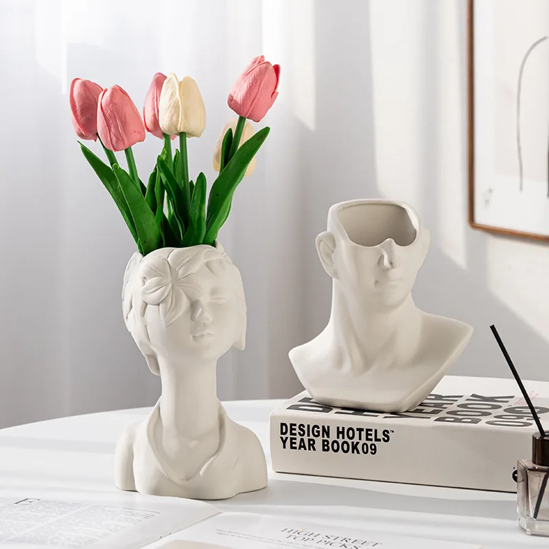 

Современная Белая Скандинавская творческая ваза с лицом Ins для цветочной композиции, художественное украшение для домашнего стола, декорат...