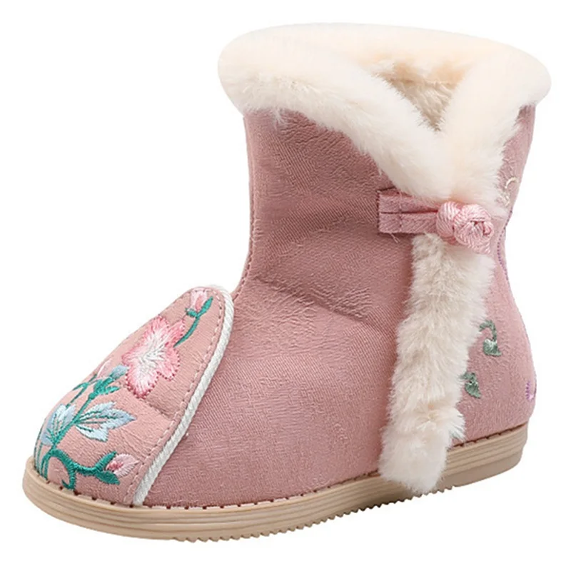 

Kruleepo 2023 Autumn Winter Girls Plush Boots Shoes Children Baby Kids Chinese Style Floral Stitchwork Embroider Warm Booties