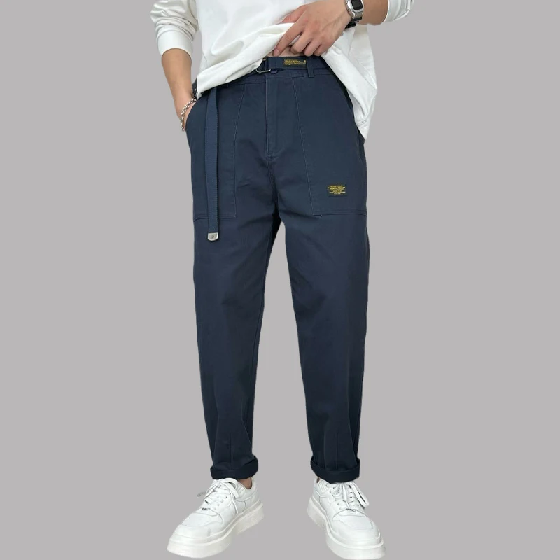 

Men Cargo Pants Pure Cotton Washed Pockets Belt Wide Leg Pants Streetwear Vintage Loose Hombre Casual Straight Pantalon