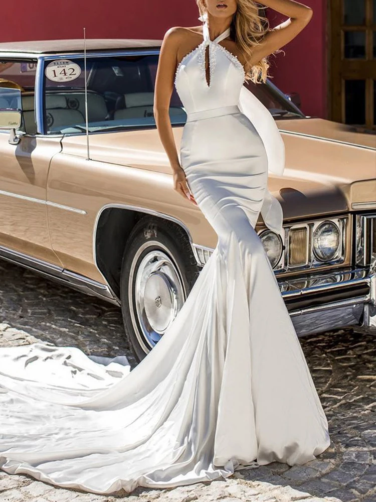 PLEINDI Luxurious Evening Dresses O-Neck Mermaid Sleeveless Floor-Length Chiffon 2022 New of Simple Pearls Prom Wome Dress